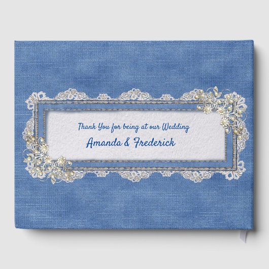 デニムのテクスチャアイボリー – 真珠とレース ゲストブック (裏面)