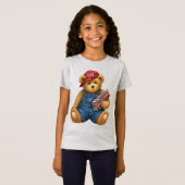 デニムのテディが消防車でオーバーオール Tシャツ (正面フル)