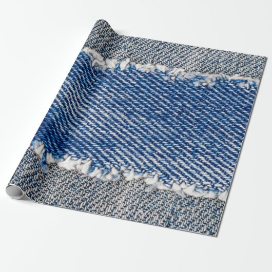 デニムの枠。縁付きの裂け目のあるデニム織物  ラッピングペーパー (アンロールド)