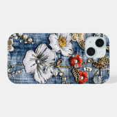 デニムの赤と白の刺繍花 iPhone 15ケース (裏面横)