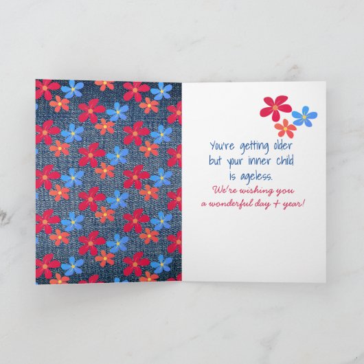 デニムの30歳の誕生日スティックガールとデイジー カード (内部)