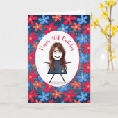 デニムの30歳の誕生日スティックガールとデイジー カード (黄色い花)