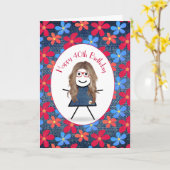 デニムの40歳の誕生日スティックガールとデイジー カード (黄色い花)