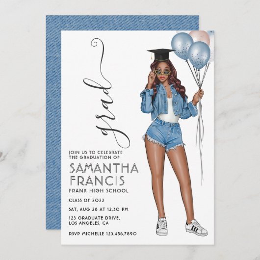 デニムをテーマにした女子卒業パーティー 招待状 (正面/裏面)