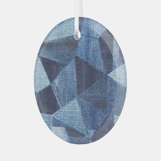 デニムアーバン動揺してクストライプの:パッチワーク。 ガラスオーナメント (正面左)