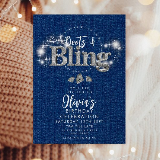 デニムカウボーイブーツと輝きのパーティー招待状 招待状