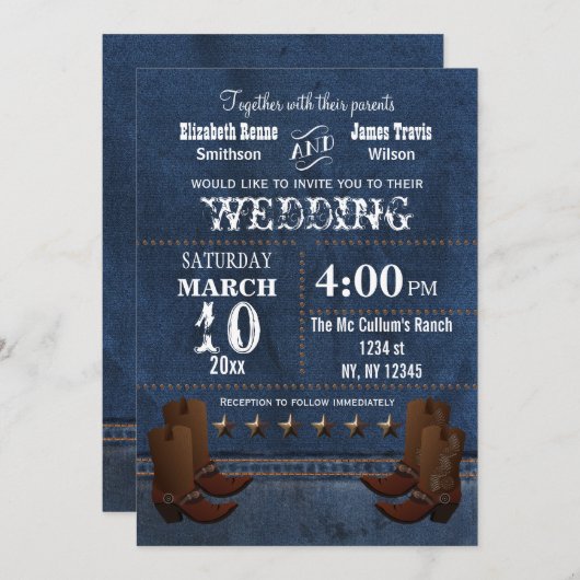 デニムカウボーイブーツスターズウェスタンウェスタンウェディング招待 招待状 (正面/裏面)
