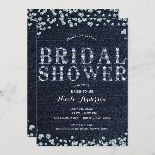 デニムジャン&ダイアモンズきらきら光るシックブライダルシャワー 招待状 (正面/裏面)