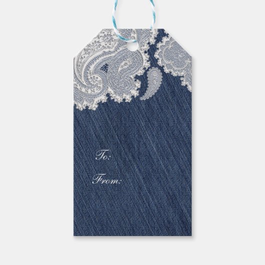 デニムジャン&ホワイトレースエレガントブライダル結婚ズ ギフトタグ (正面)