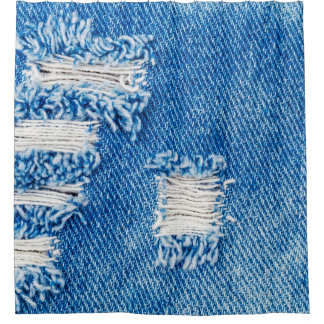 デニムジーンズに穴。破れた破れた青いjeを破った シャワーカーテン