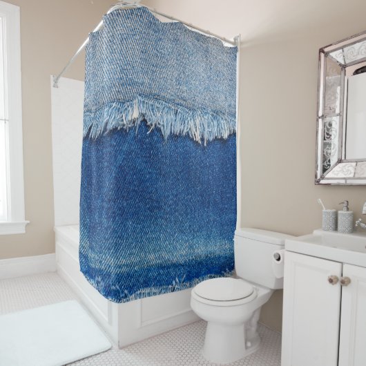 デニムジーンズの背景。デニム織物を裂き取り、b シャワーカーテン (インサイチュ)