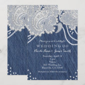 デニムジーンズパール＆ホワイトペイズリーレースウェディング 招待状 (正面/裏面)