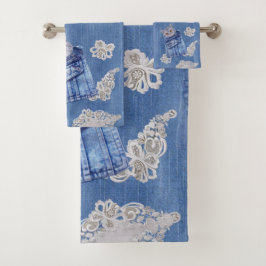 デニムジーンポケット、子猫、レースの繰り返しパターン バスタオルセット