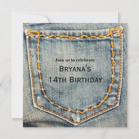 デニムジーン刺繍ポケット誕生日パーティー 招待状 (正面)