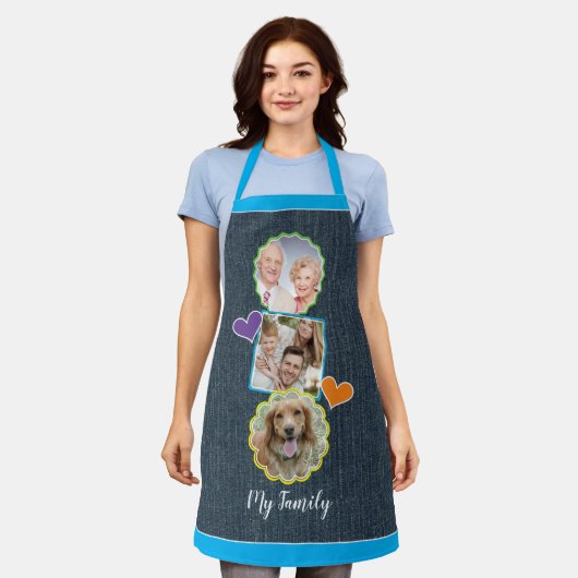 デニムスクフェイクラップブックスタイルファミリー写真テンプレート エプロン (着用した状態)