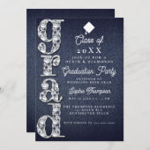 デニムダイアモンズスクリプトブルージーンズ卒業パーティー 招待状 (正面/裏面)