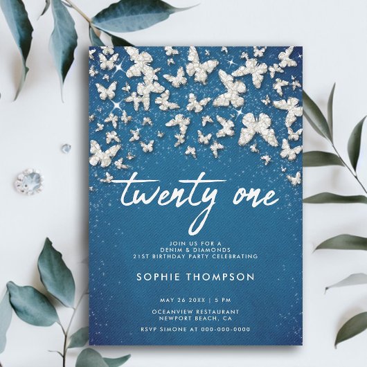 デニムダイアモンズバタフライグリッターブルー21stブデイ 招待状