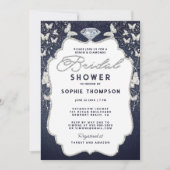 デニムダイアモンズバタフライフレームきらきら光るブライダルシャワー 招待状 (正面)