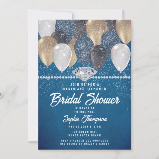 デニムダイアモンズバルーングリッターティール(緑がかった色)ブライダルシャワー 招待状 (正面)