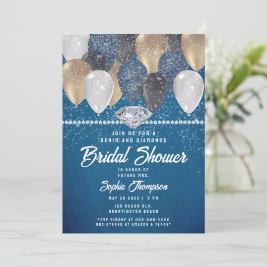 デニムダイアモンズバルーングリッターティール(緑がかった色)ブライダルシャワー 招待状 (スタンド正面)