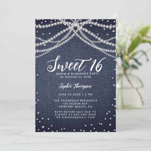 デニムダイアモンズパールスウィート16シック誕生日パーティー 招待状 (スタンド正面)