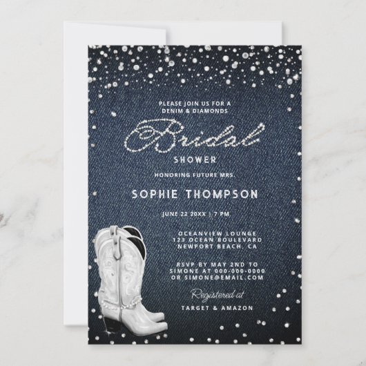 デニムダイアモンズパールスウェスタンブーツブライダルシャワー 招待状 (正面)