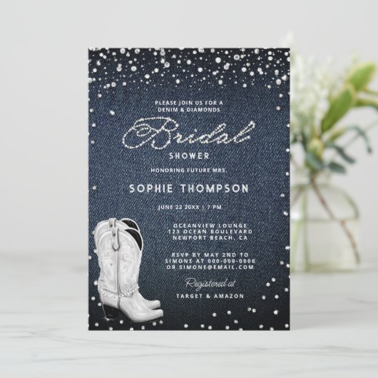 デニムダイアモンズパールスウェスタンブーツブライダルシャワー 招待状 (スタンド正面)