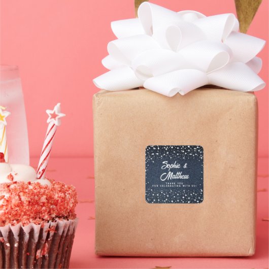 デニムダイアモンズパールスブルーカップルウェディングシャワー スクエアシール (パーティー)