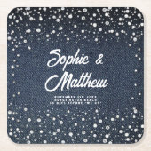 デニムダイアモンズパールスブルーカップルウェディングシャワー スクエアペーパーコースター (正面)