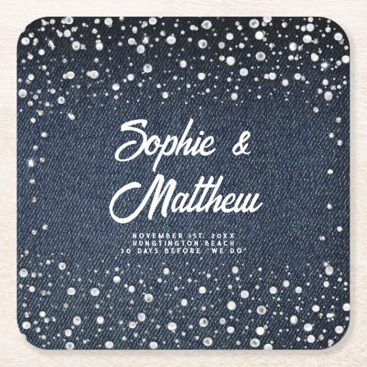 デニムダイアモンズパールスブルーカップルウェディングシャワー スクエアペーパーコースター (正面)