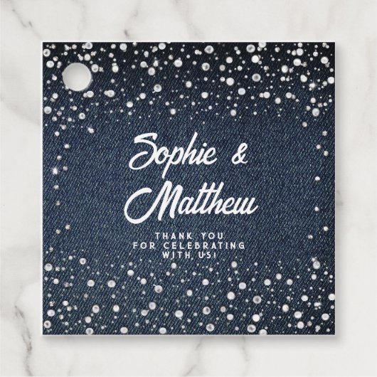 デニムダイアモンズパールスブルーカップルウェディングシャワー フェイバータグ (正面)