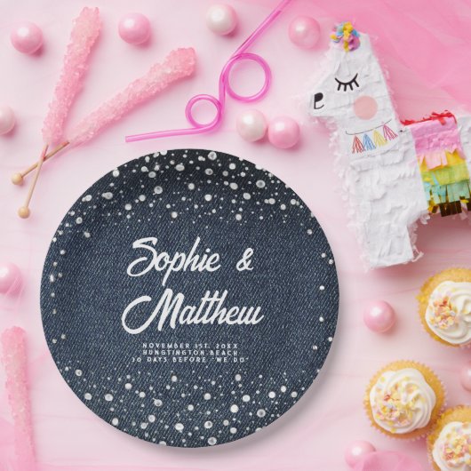 デニムダイアモンズパールスブルーカップルウェディングシャワー ペーパープレート (パーティー)