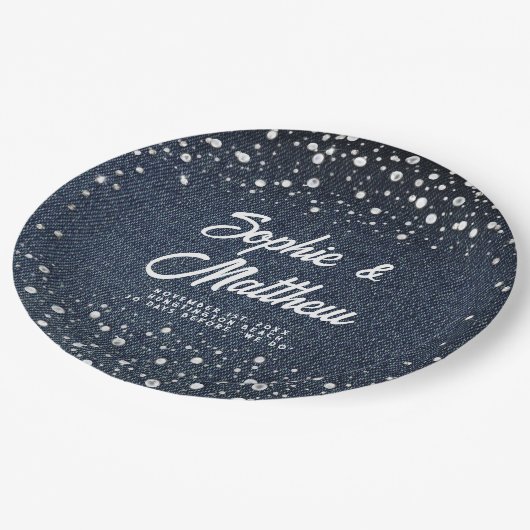 デニムダイアモンズパールスブルーカップルウェディングシャワー ペーパープレート (アングル)