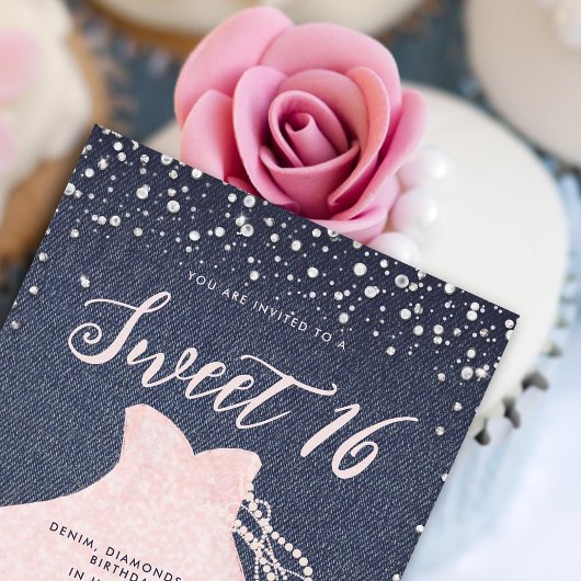 デニムダイアモンズパールピンクプリンセスドレススウィート16 招待状