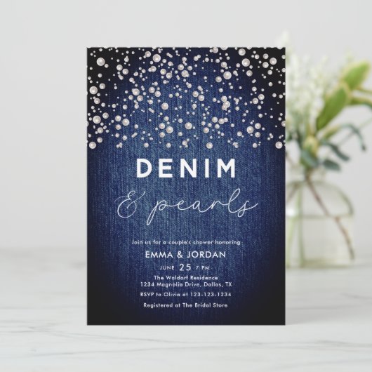 デニムダイアモンズパールブルーカップルエレガントのシャワー 招待状 (スタンド正面)