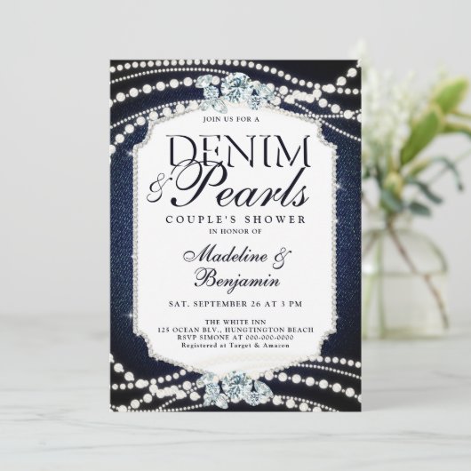 デニムダイアモンズピアススタイリッシュフレームウェディングシャワー 招待状 (スタンド正面)