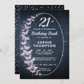 デニムダイアモンズピンクバタフライフレーム誕生日パーティー 招待状 (正面/裏面)