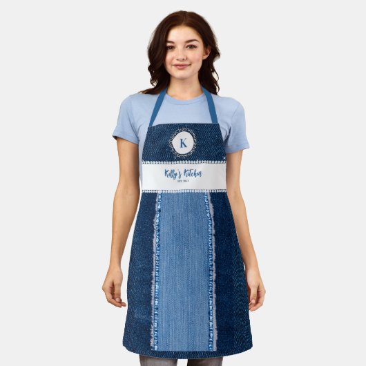 デニムダイアモンズブルーカントリーカスタムモノグラムギフト エプロン (着用した状態)