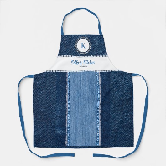 デニムダイアモンズブルーカントリーカスタムモノグラムギフト エプロン (正面)