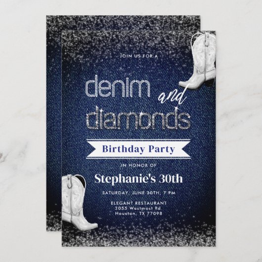 デニムダイアモンズブルーホワイトブーツシック30th誕生日 招待状 (正面/裏面)