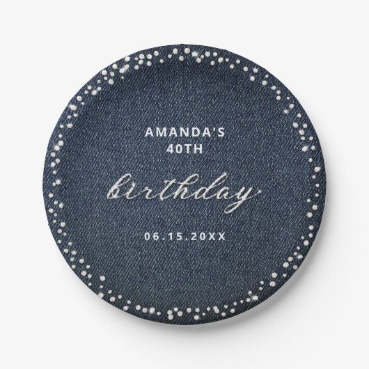 デニムダイアモンズ任意の年齢の誕生日パーティパーソナライズされたー ペーパープレート (正面)