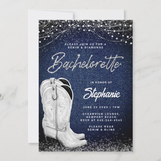 デニムダイアモンド女性のカーボーイブーツカントリーバチェロレッテ 招待状 (正面)