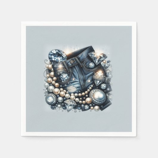 デニムダイアモンド&パールジーンズきらきら光るパーティー スタンダードカクテルナプキン (正面)