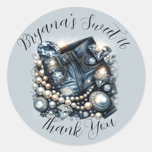 デニムダイアモンド&パールジーンズきらきら光るパーティー ラウンドシール (正面)