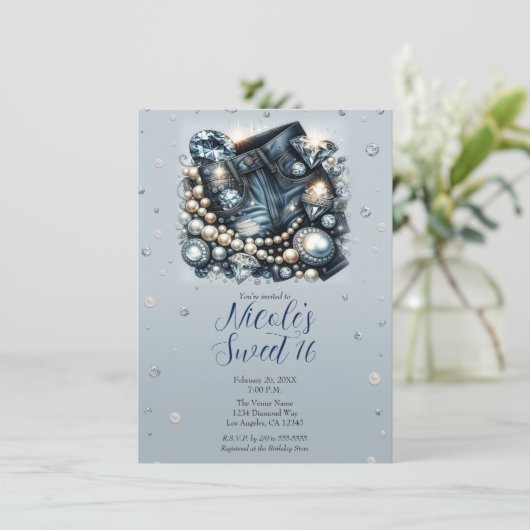 デニムダイアモンド&パールジーンズスウィート16誕生日 招待状 (スタンド正面)