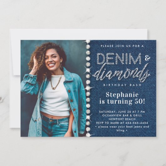 デニムダイヤきらきら光るズクラスフォト50誕生日 招待状 (正面)