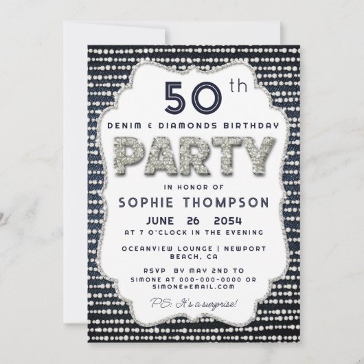 デニムダイヤきらきら光るズグリッターフレームバースデーパーティー 招待状 (正面)