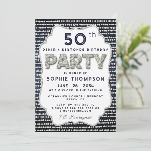 デニムダイヤきらきら光るズグリッターフレームバースデーパーティー 招待状 (スタンド正面)