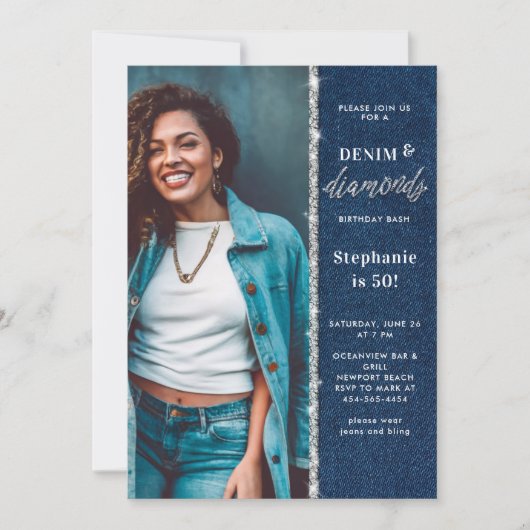 デニムダイヤきらきら光るズグリッター写真50誕生日 招待状 (正面)