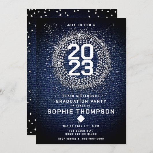 デニムダイヤきらきら光るズスターバスト卒業パーティー 招待状 (正面/裏面)